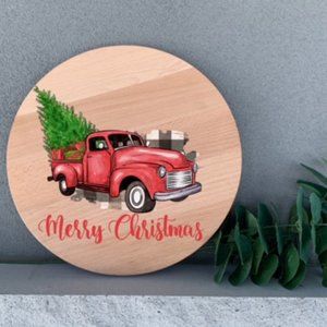 Holiday Decor Old Red Truck with Christmas Tree Wall or Door Hanging Sign